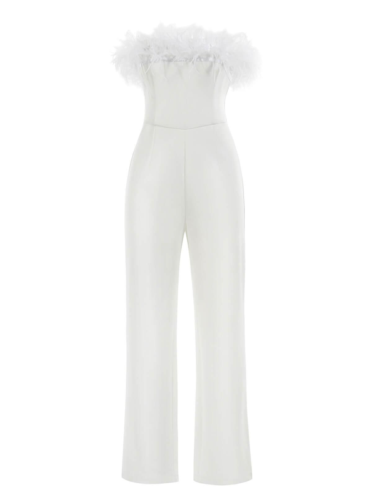 Emmy Bandeau Feather Jumpsuit In White sold by Mew Mews product image thumbnail 7