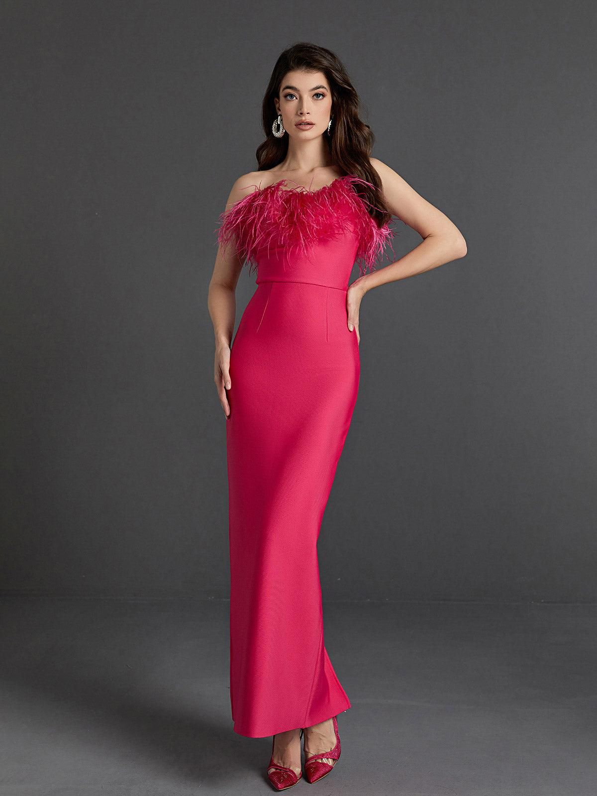 Mina Strapless Feather Trimmed Bandage Dress In Hot Pink sold by Mew Mews