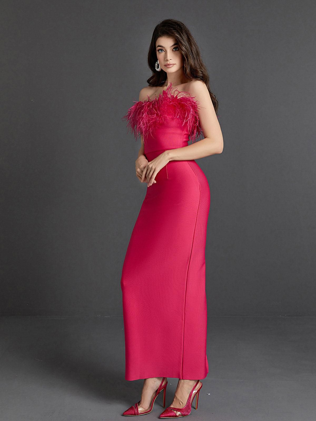 Mina Strapless Feather Trimmed Bandage Dress In Hot Pink sold by Mew Mews product image thumbnail 4