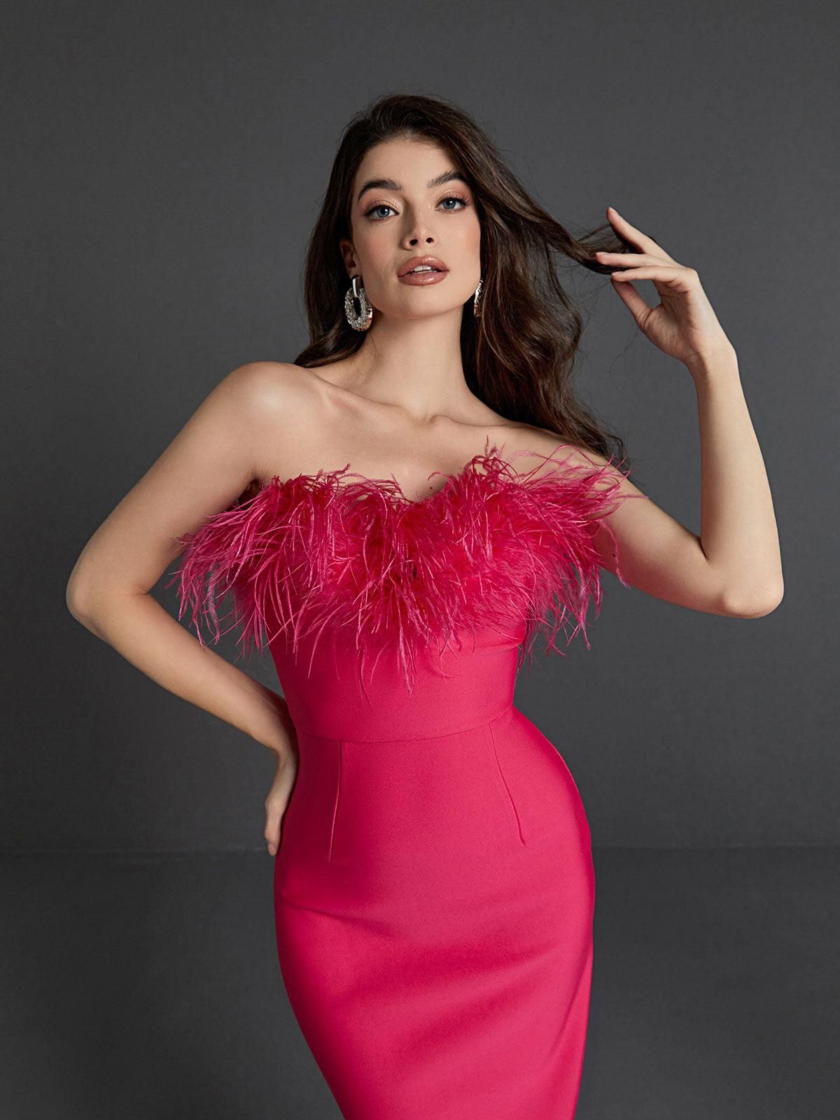 Mina Strapless Feather Trimmed Bandage Dress In Hot Pink sold by Mew Mews product image thumbnail 5