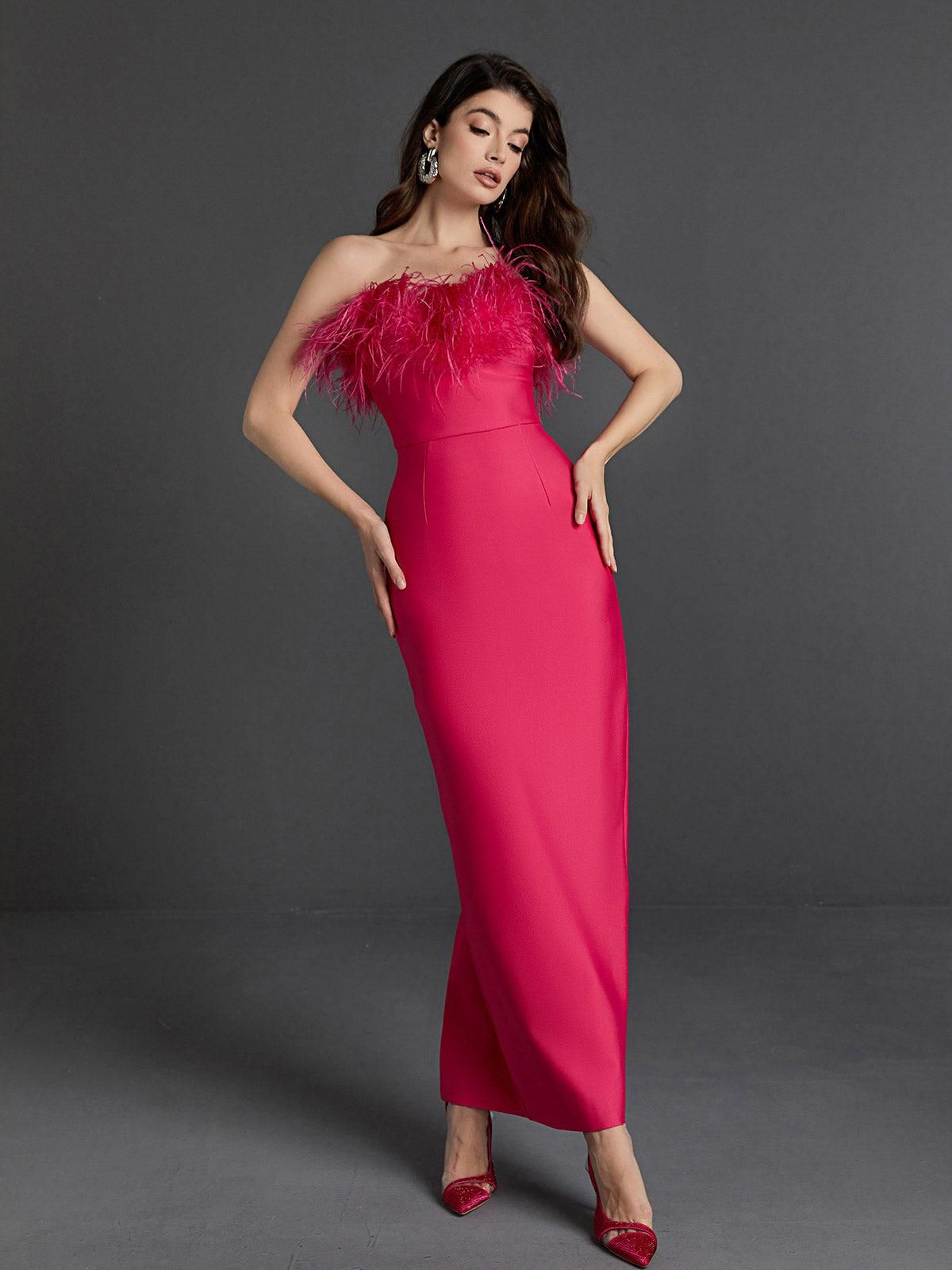 Mina Strapless Feather Trimmed Bandage Dress In Hot Pink sold by Mew Mews product image thumbnail 2