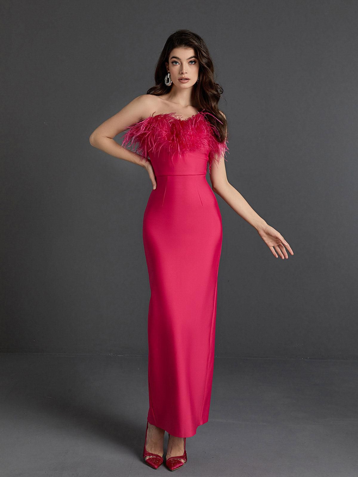 Mina Strapless Feather Trimmed Bandage Dress In Hot Pink sold by Mew Mews product image thumbnail 3