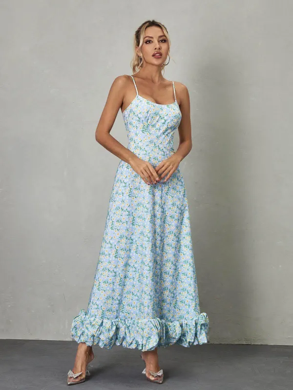 Ilsa Spaghetti Floral Maxi Dress In Blue sold by Mew Mews