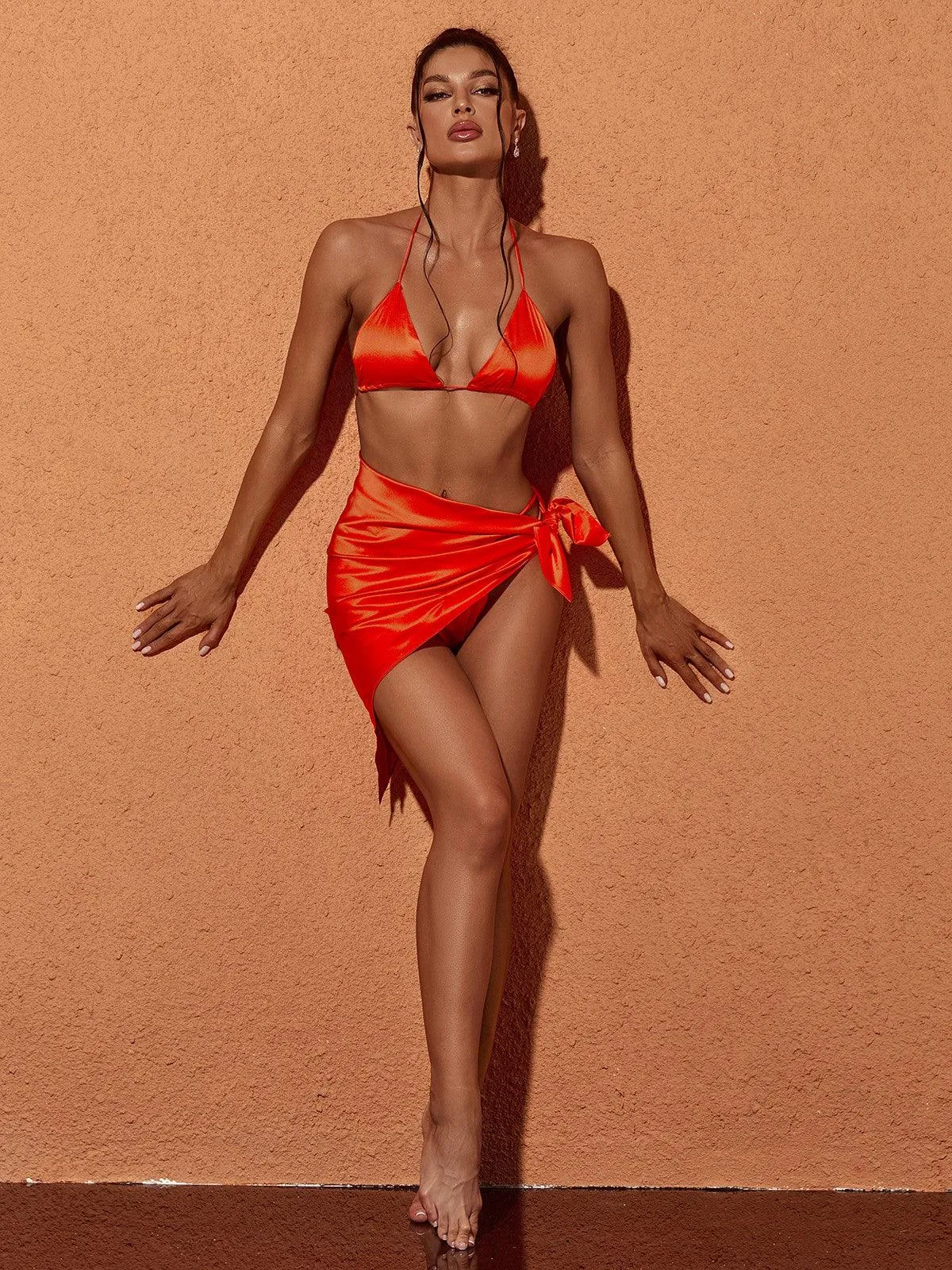 Orelia Satin Bikini Three Piece Set In Orange sold by Mew Mews product image thumbnail 4
