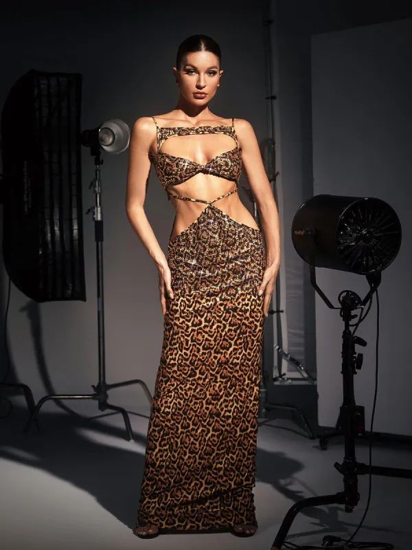 Peyton Crystal Embellished Leopard Maxi Dress made by Mew Mews