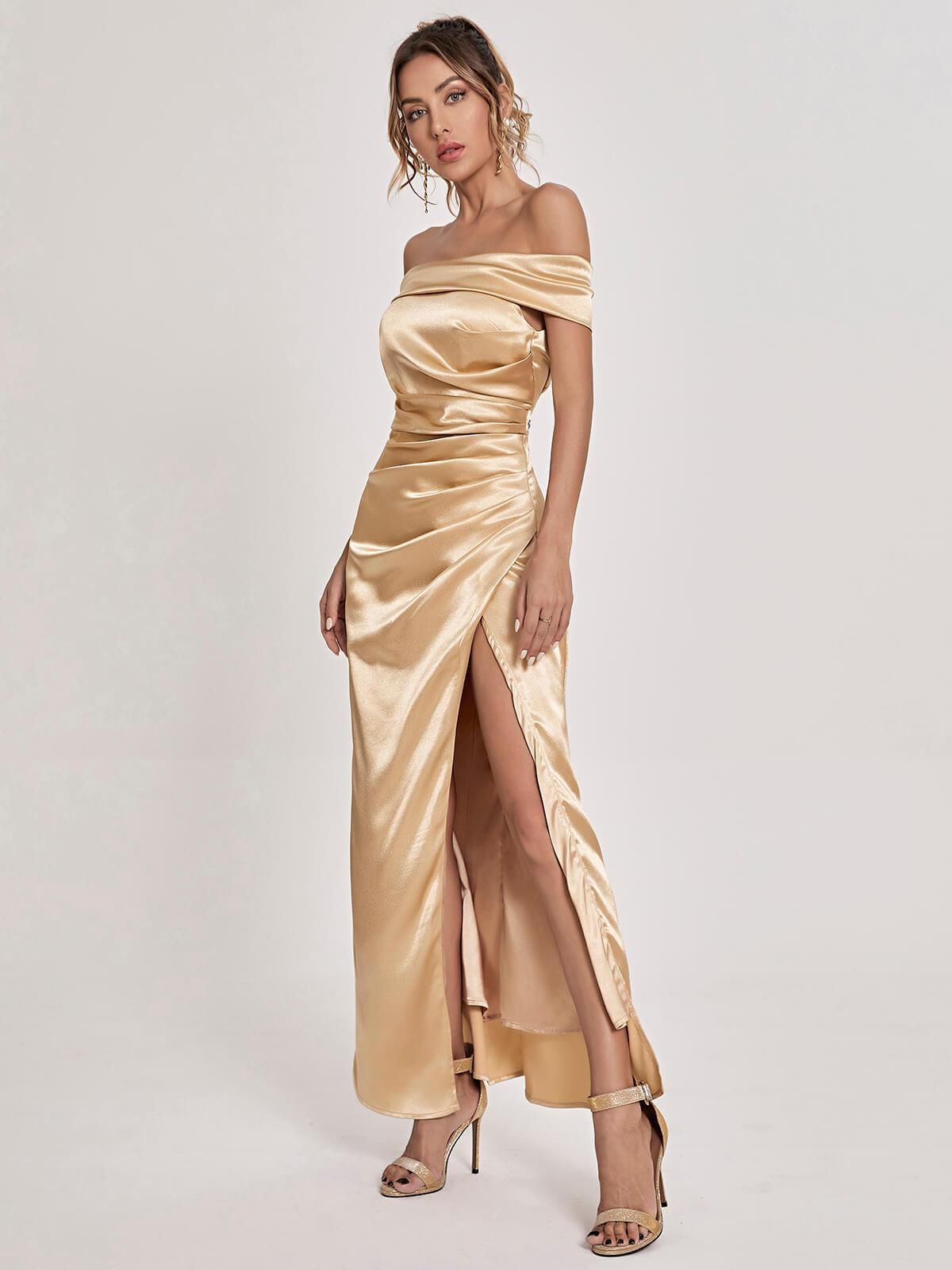 Meadow Off Shoulder Satin Maxi Dress In Gold sold by Mew Mews product image thumbnail 3