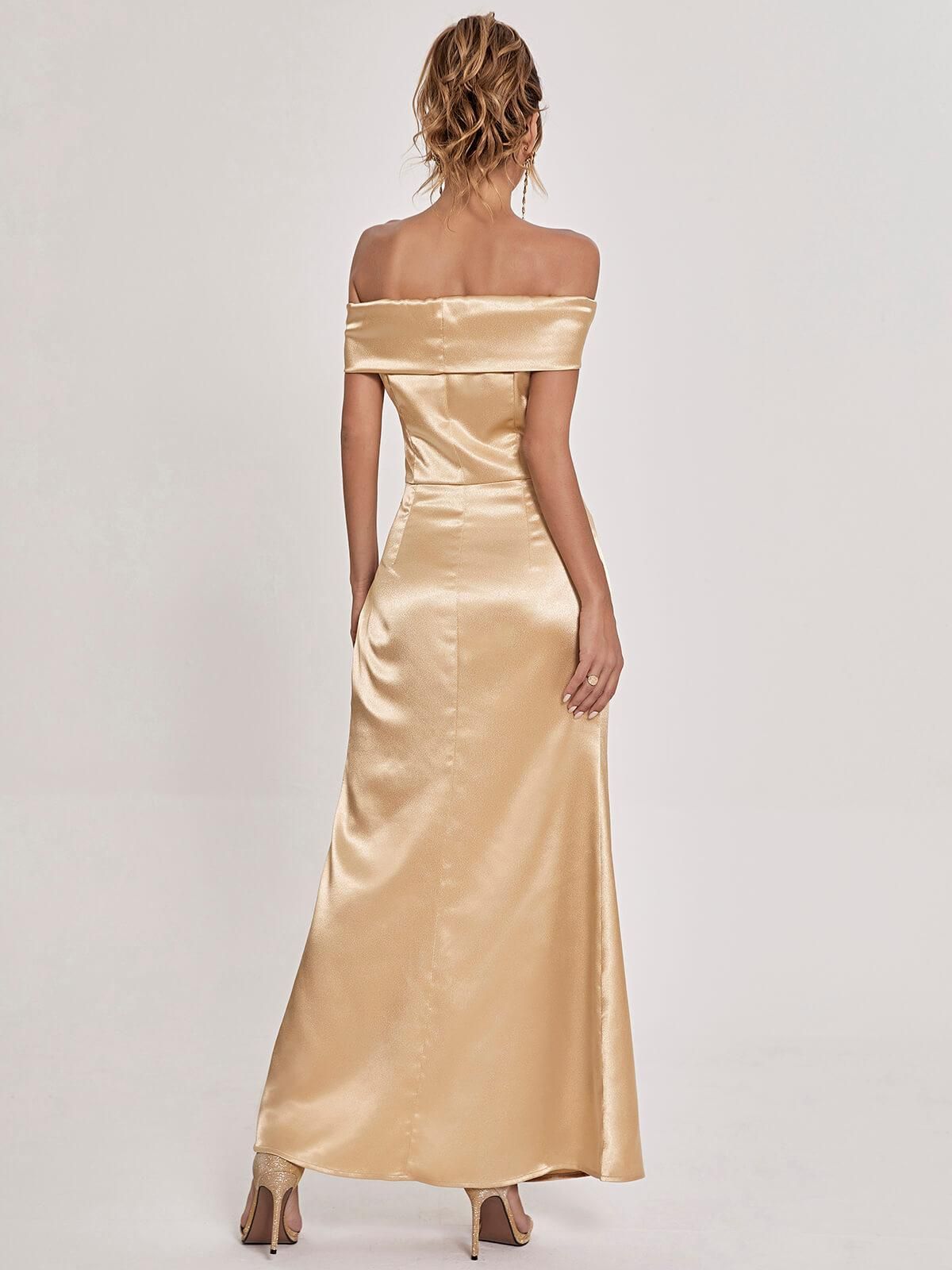 Meadow Off Shoulder Satin Maxi Dress In Gold sold by Mew Mews product image thumbnail 5