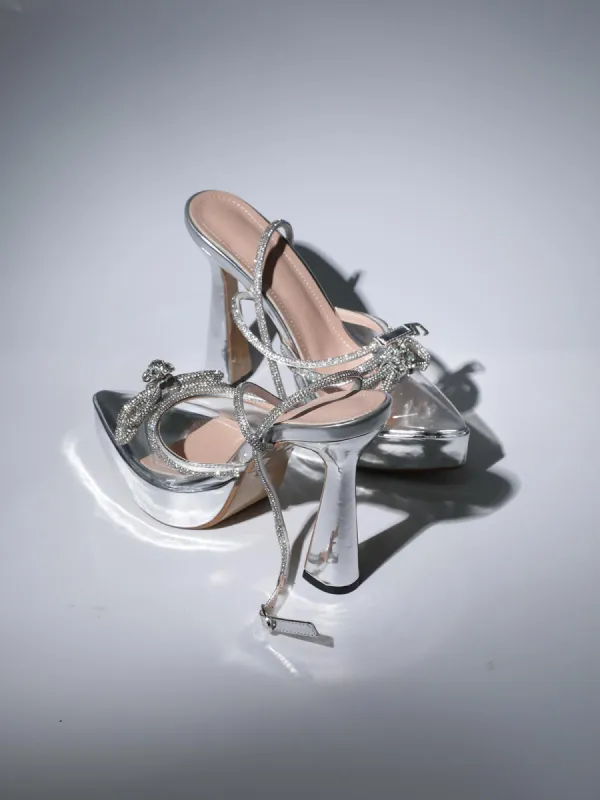 Anouk Bow Crystal Heels In Silver made by Mew Mews