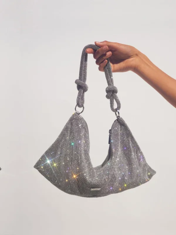 Jean Rhinestone Shoulder Bag In Silver sold by Mew Mews