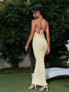 Houda Backless Seersucker Maxi Dress In Yellow sold by Mew Mews