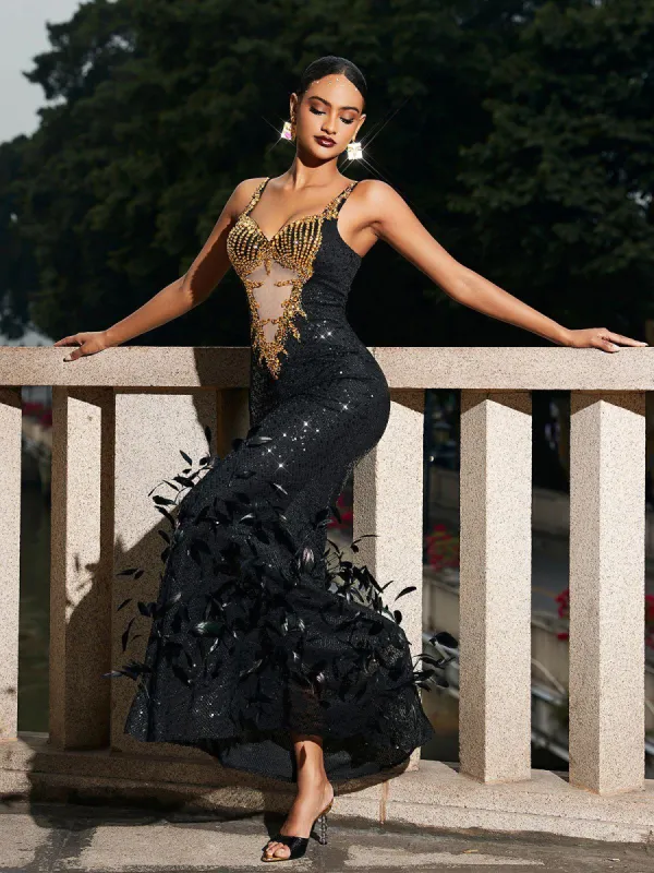 Zane Cutout Rhinestone Feather Sequin Dress sold by Mew Mews