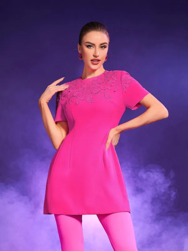 Wilder Jacquard Short Sleeve Mini Dress In Hot Pink sold by Mew Mews