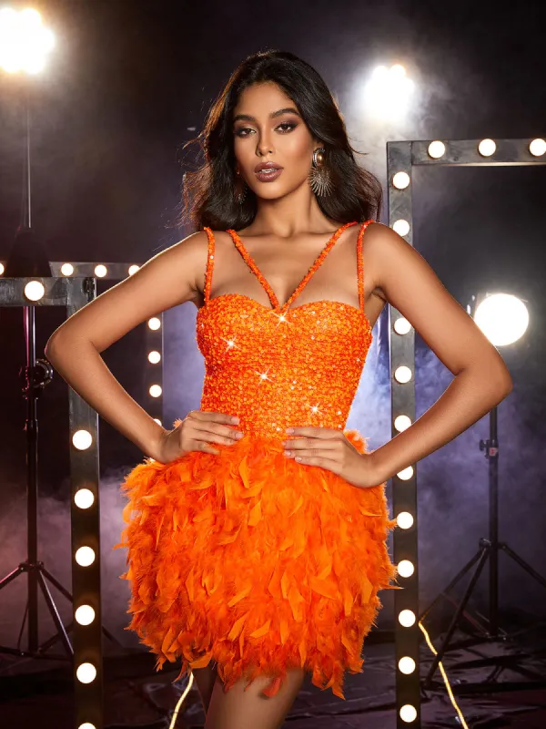 Homer Sequin Feather Mini Dress In Orange sold by Mew Mews