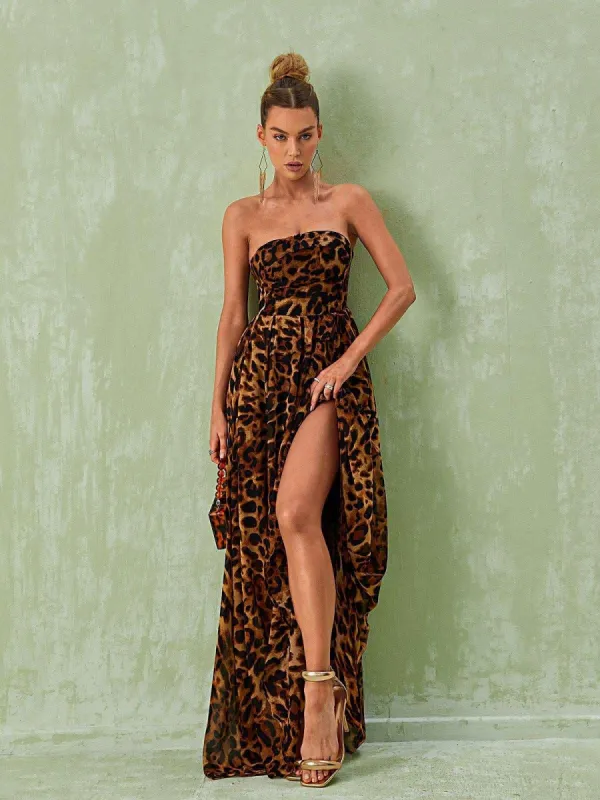 Malou Strapless Leopard Printed Maxi Dress sold by Mew Mews
