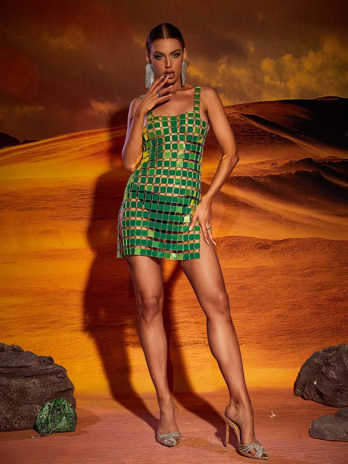 Christina Chainmail Split Light Green Mini Dress sold by Mew Mews product image thumbnail 4