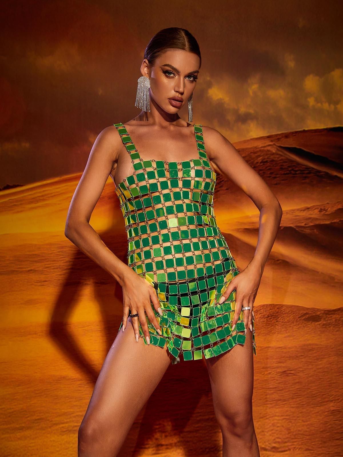 Christina Chainmail Split Light Green Mini Dress sold by Mew Mews product image thumbnail 2