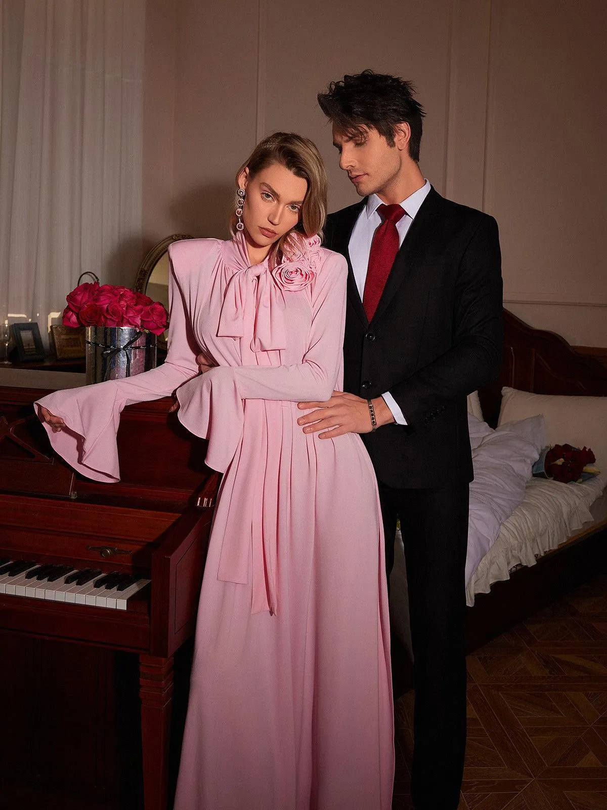 Benton Long Sleeve Flower Maxi Dress In Pink sold by Mew Mews