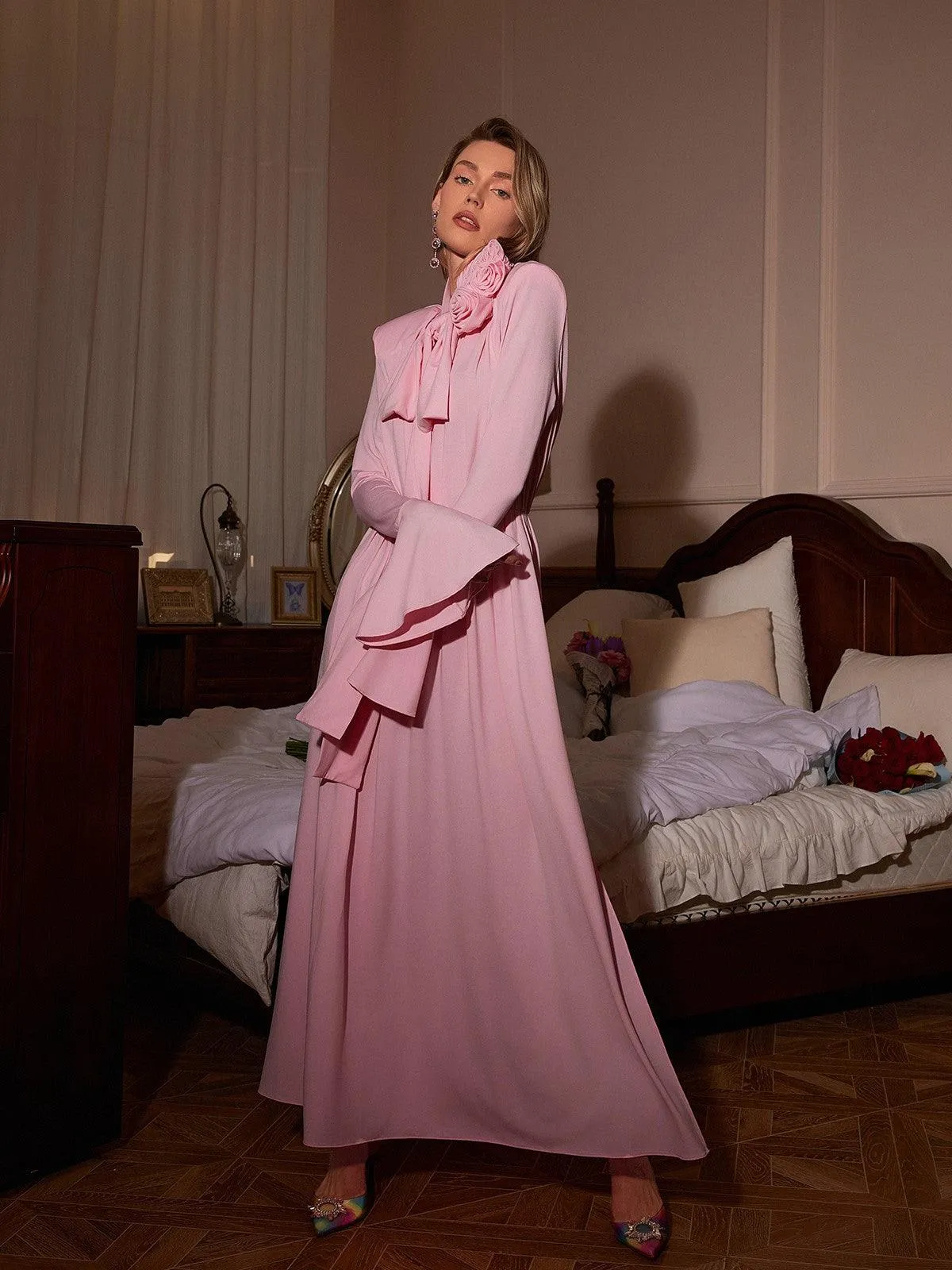Benton Long Sleeve Flower Maxi Dress In Pink sold by Mew Mews product image thumbnail 3