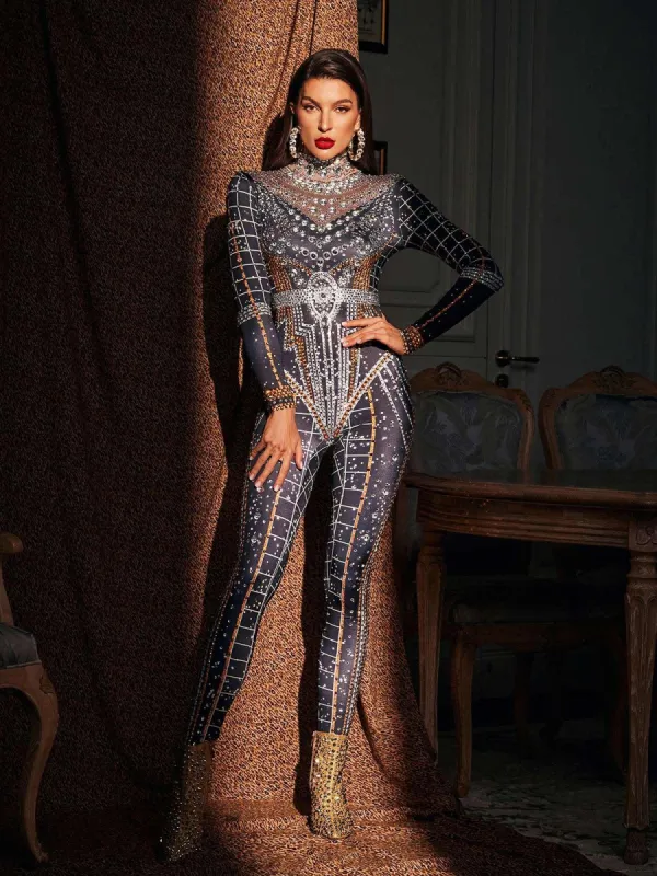 Micaela Printed Rhinestone Jumpsuit made by Mew Mews