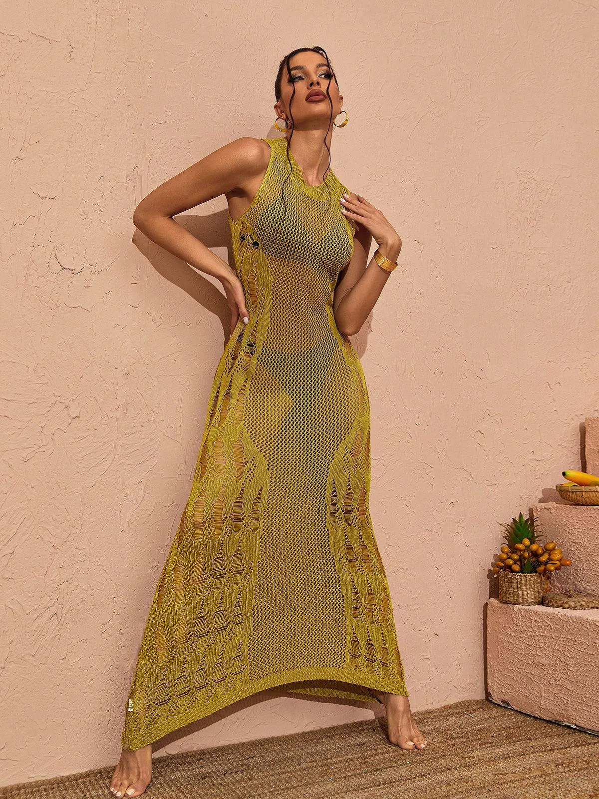 Julieta Hollow Knitted Maxi Dress In Green sold by Mew Mews product image thumbnail 3