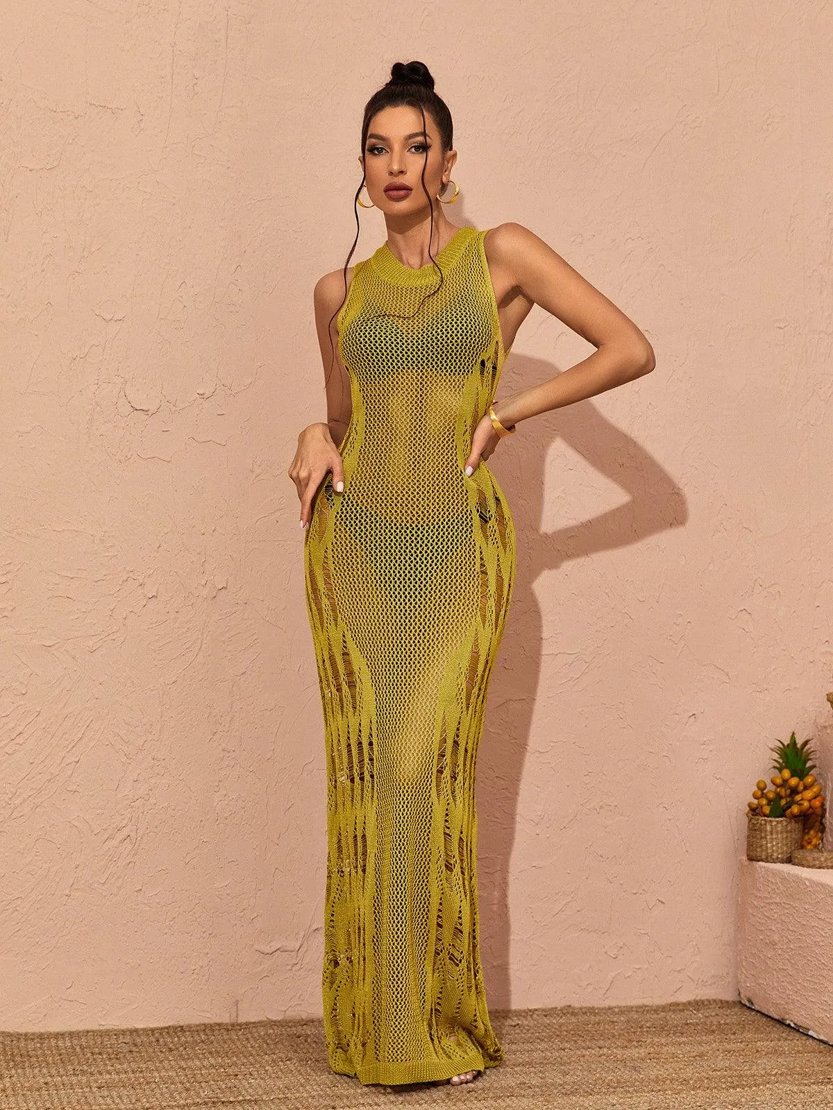 Julieta Hollow Knitted Maxi Dress In Green sold by Mew Mews product image thumbnail 2