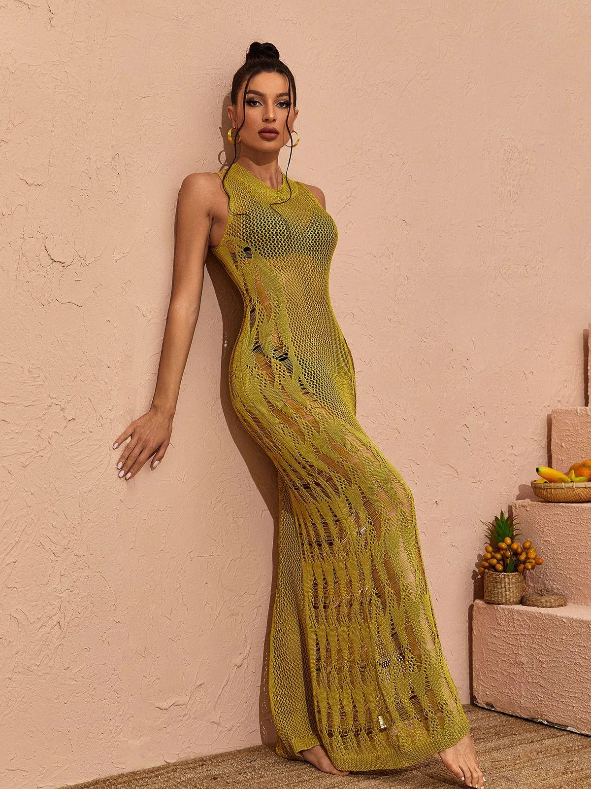 Julieta Hollow Knitted Maxi Dress In Green sold by Mew Mews