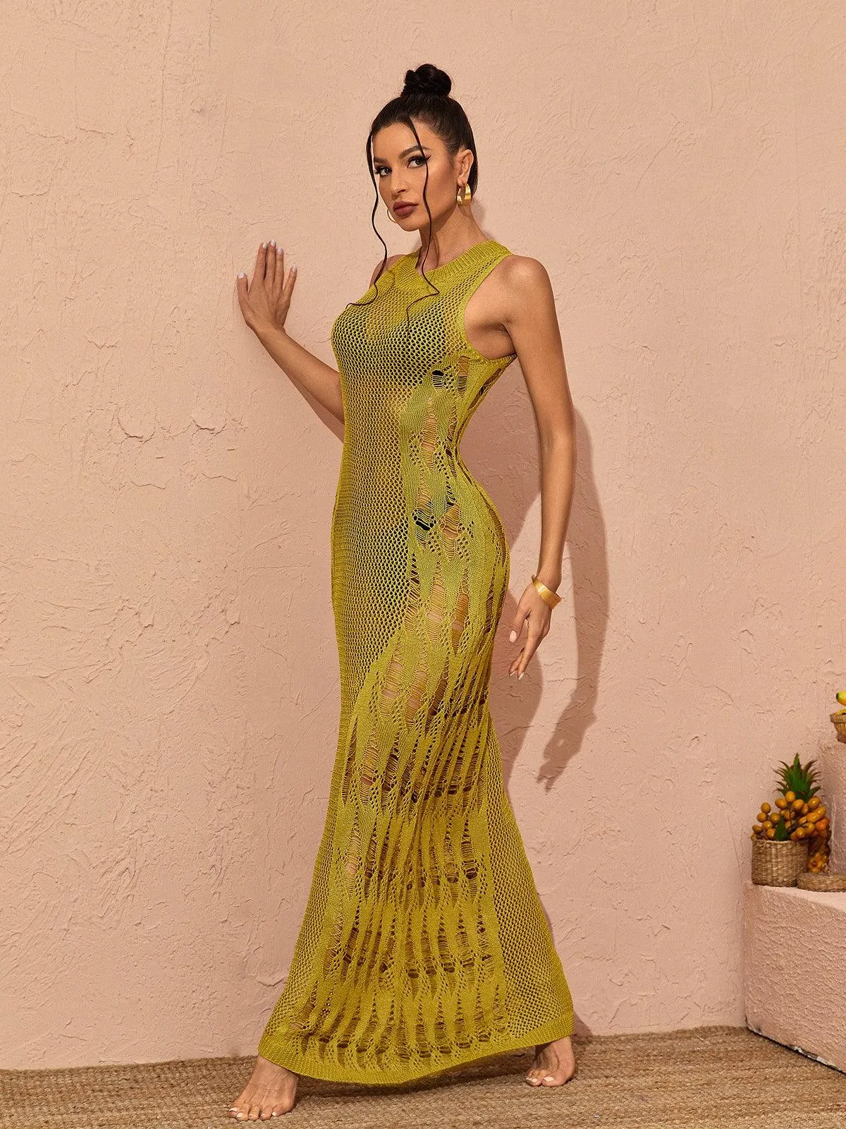 Julieta Hollow Knitted Maxi Dress In Green sold by Mew Mews product image thumbnail 5