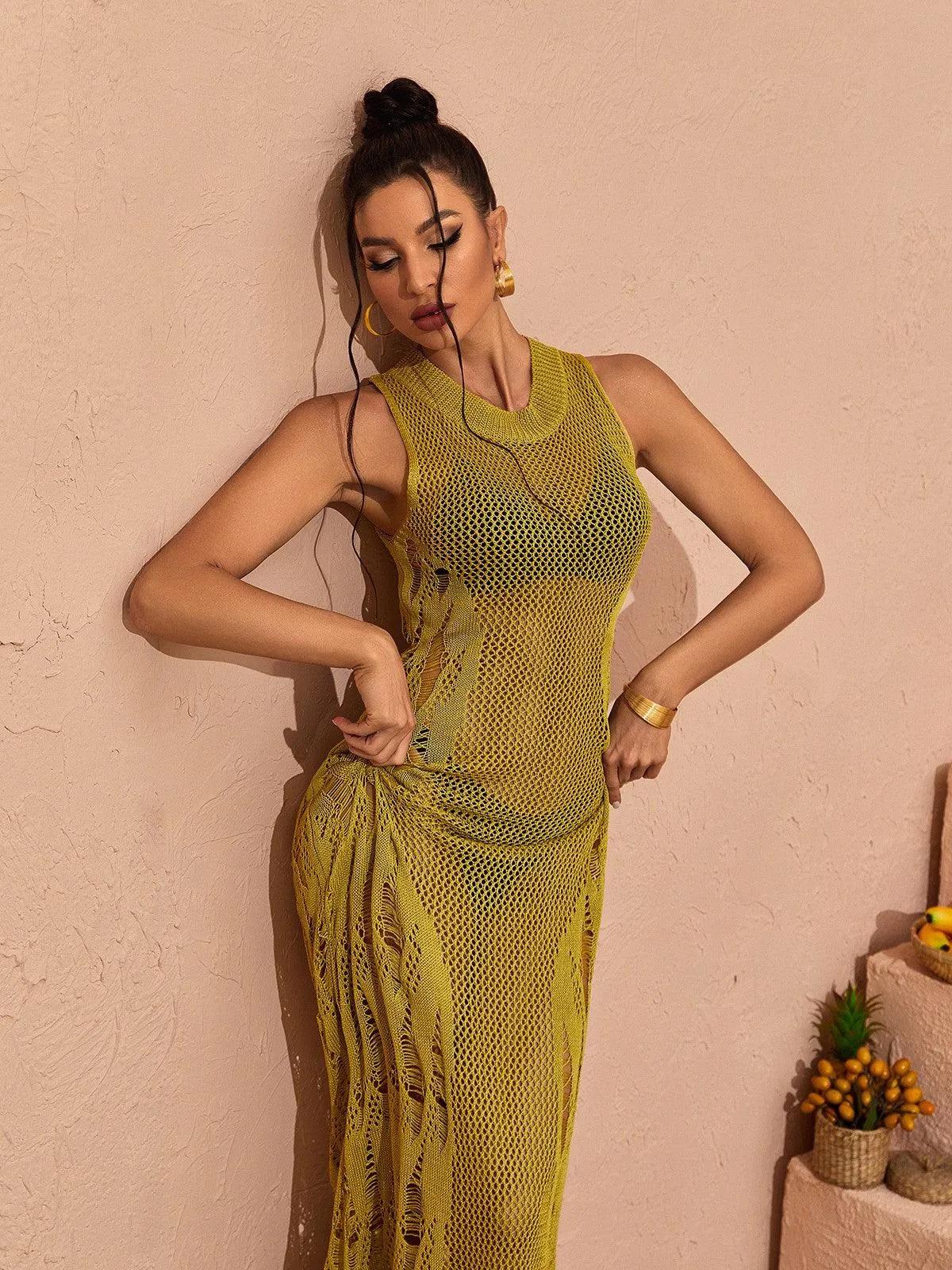 Julieta Hollow Knitted Maxi Dress In Green sold by Mew Mews product image thumbnail 4