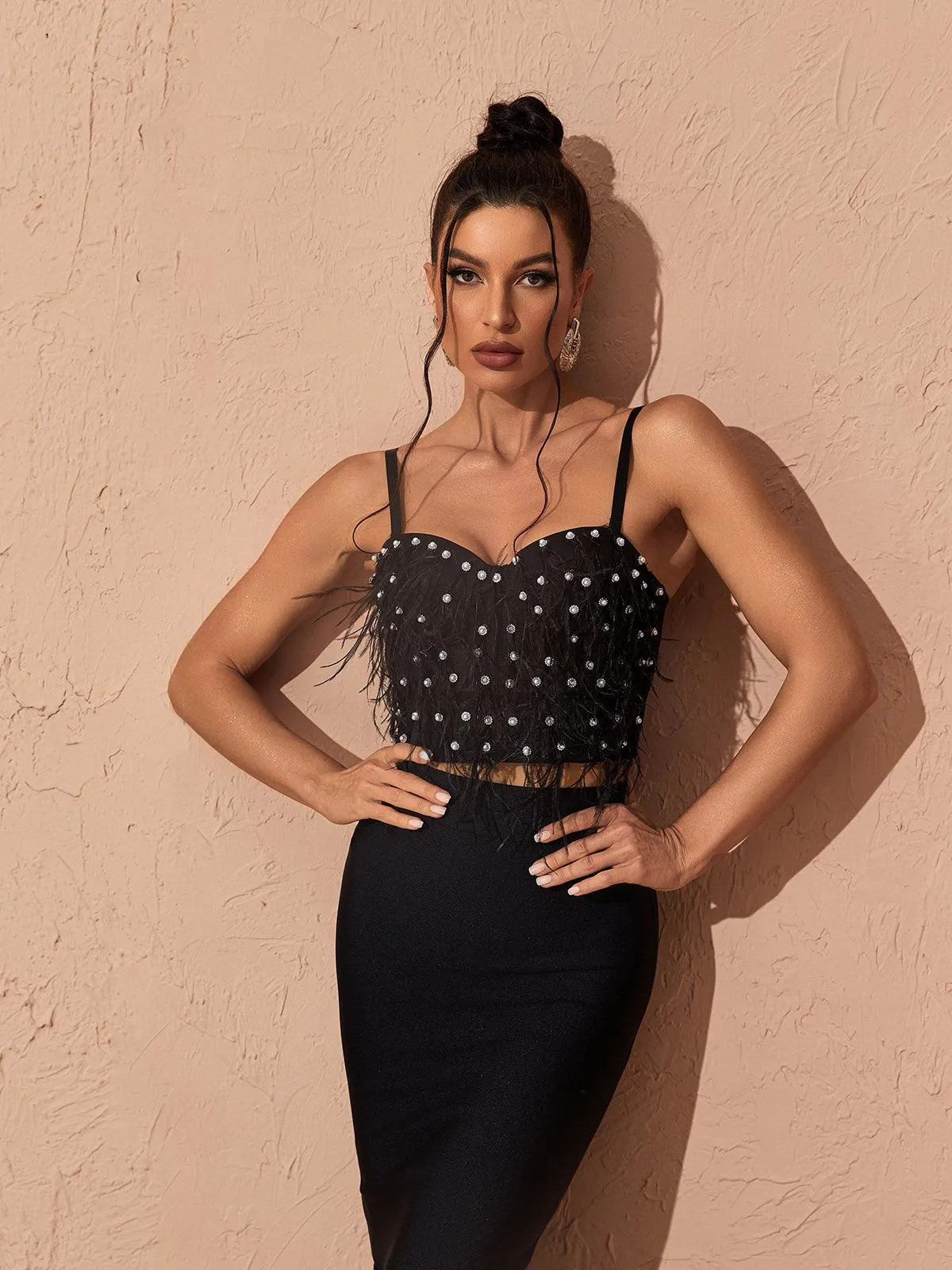 Emmett Spaghetti Feather Embellished Top sold by Mew Mews