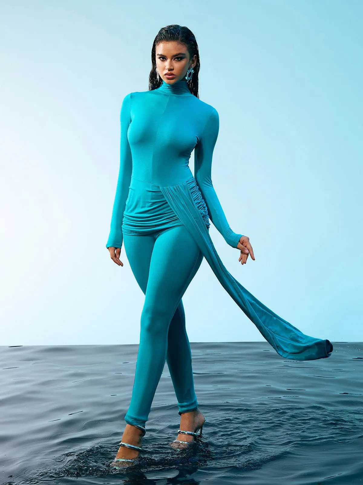 Kayden Long Sleeve Draped Jumpsuit sold by Mew Mews