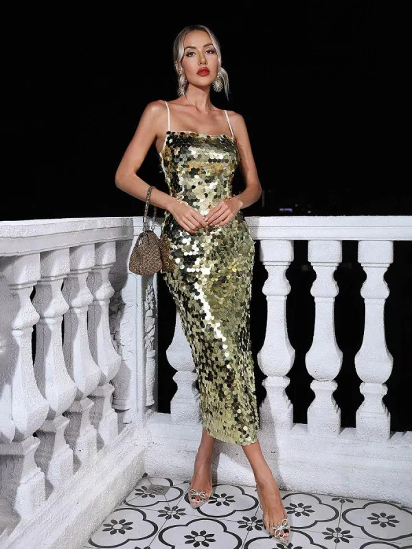 Concepcion Spaghetti Sequin Midi Dress sold by Mew Mews