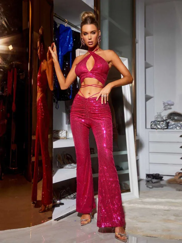 Rhode Halterneck Sequin Set In Hot Pink made by Mew Mews