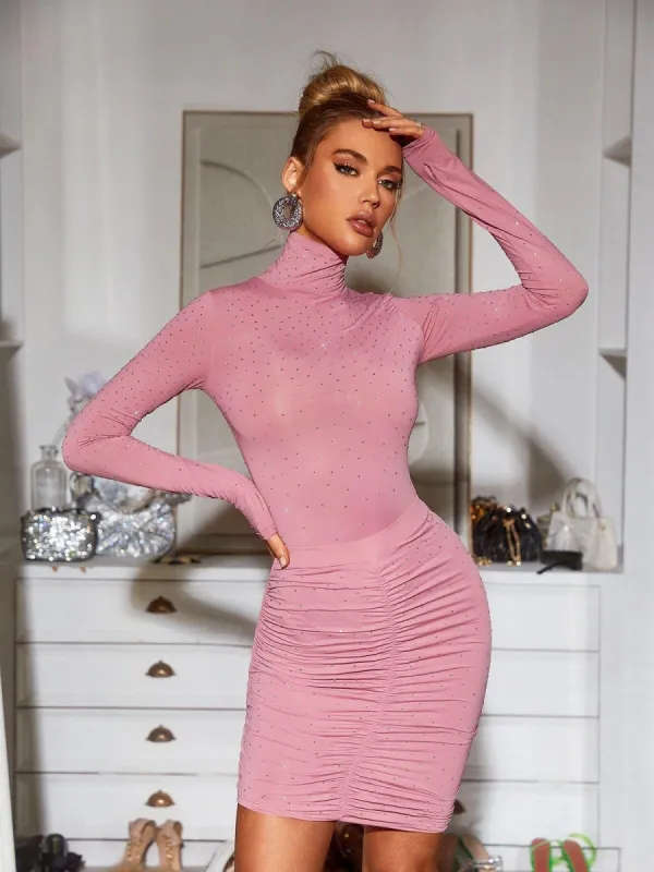 Kristina Long Sleeve Rhinestone Bodysuit In Pink sold by Mew Mews