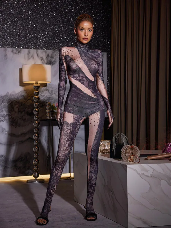 Reece Rhinestone Printed Gloves Jumpsuit sold by Mew Mews