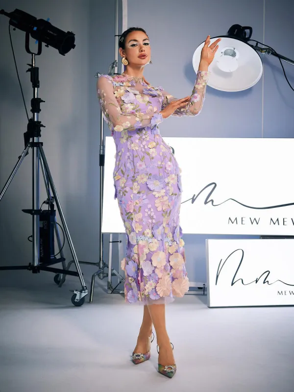 Amara Long Sleeve Embroidered Midi Dress In Purple sold by Mew Mews