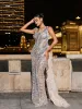 Lyda Draped Cutout Sequin Mesh Dress In Silver sold by Mew Mews