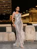 Lyda Draped Cutout Sequin Mesh Dress In Silver sold by Mew Mews