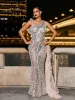 Lyda Draped Cutout Sequin Mesh Dress In Silver sold by Mew Mews