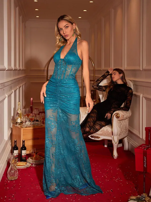 Malaz Halterneck Lace Maxi Dress With Gloves In Blue made by Mew Mews