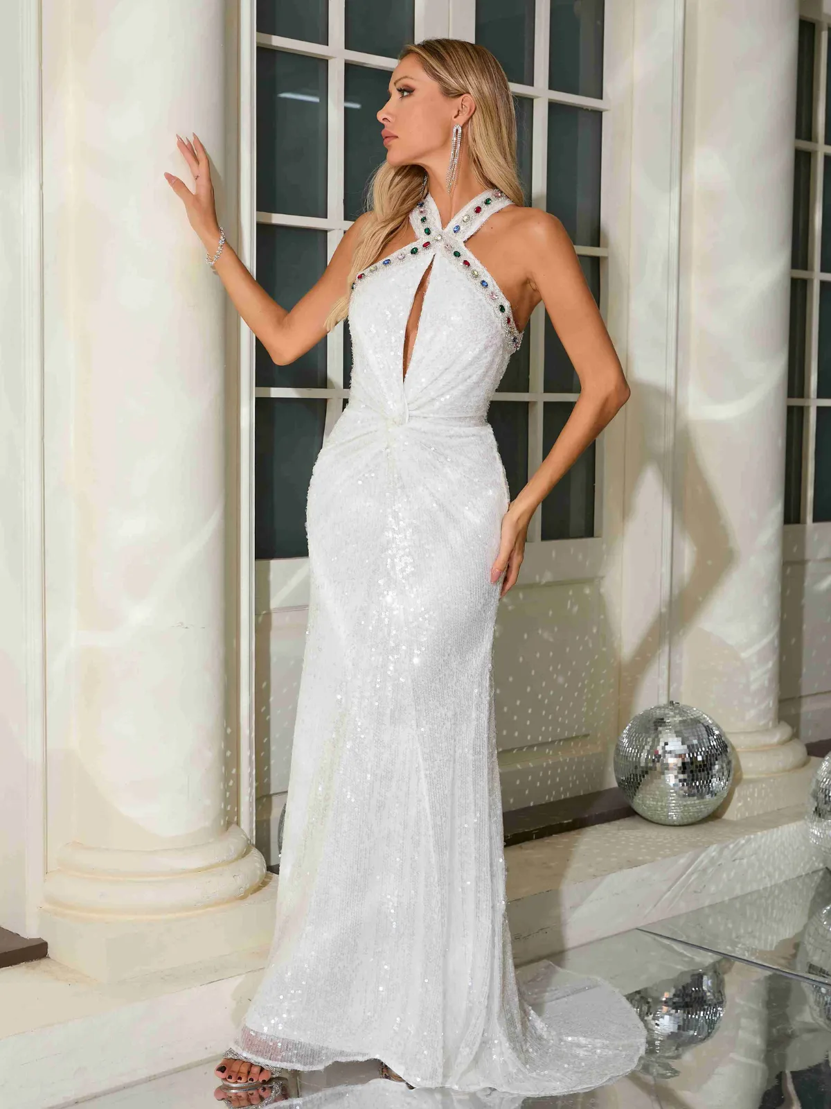 Messiah Halterneck Rhinestone Sequin Maxi Dress sold by Mew Mews product image thumbnail 3