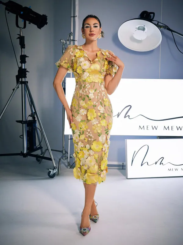 Grayson Flower Embroidered Midi Dress In Yellow sold by Mew Mews