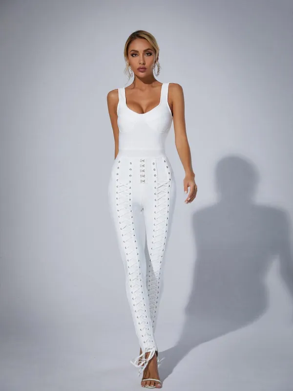 Amiyah Eyelet Lace Up Detail Jumpsuit In White sold by Mew Mews