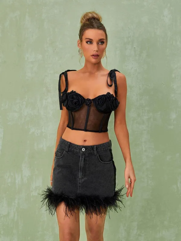 Vanille Feather Denim Mini Skirt sold by Mew Mews