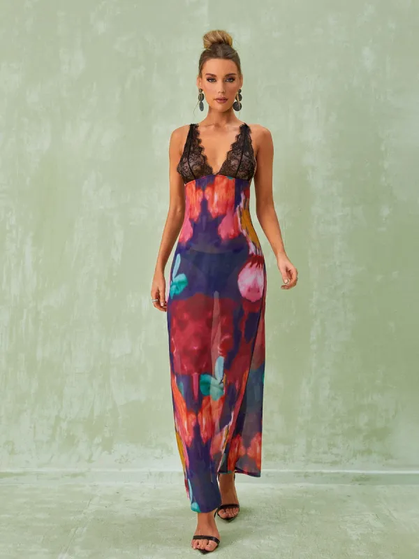 Svea Lace Floral Printed Maxi Dress In Red made by Mew Mews