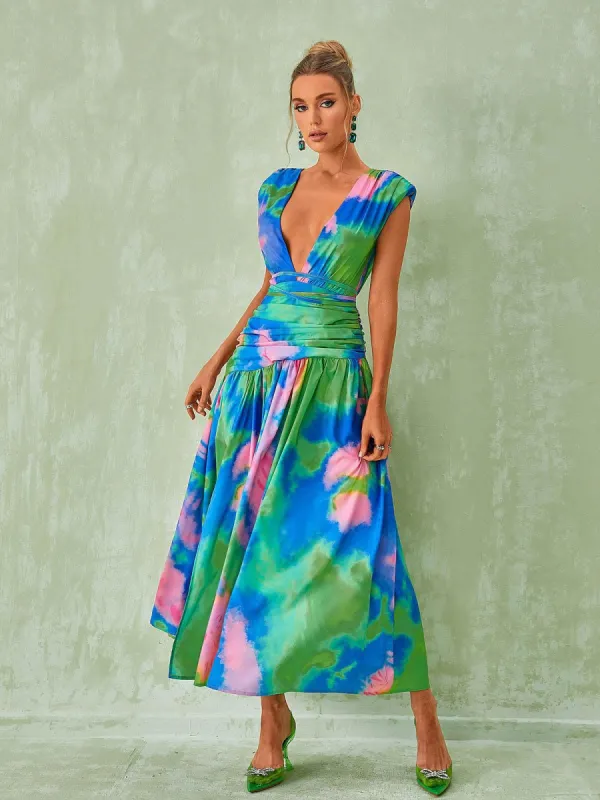 Monique Plunge Neck Split Printed Dress sold by Mew Mews