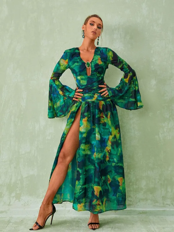 Emilie Long Sleeve Split Printed Dress In Green sold by Mew Mews