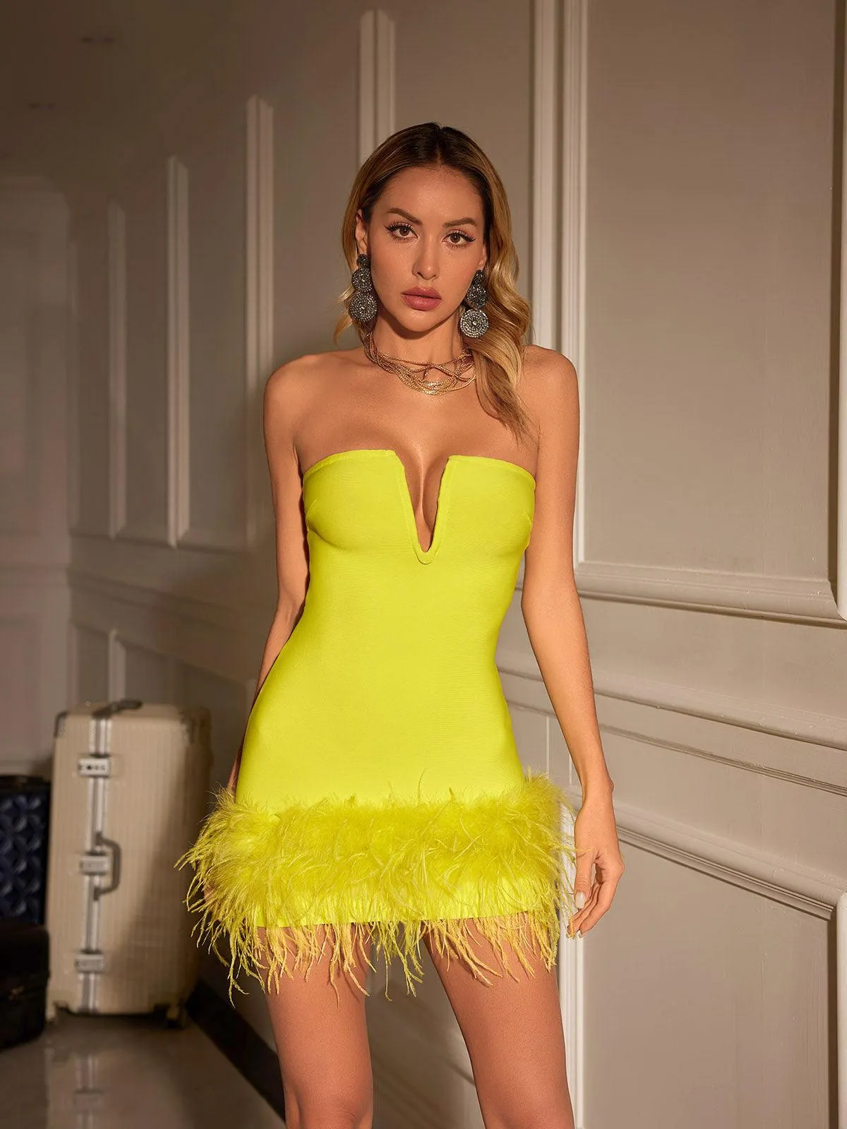 Veer Strapless Feather Bandage Dress In Yellow sold by Mew Mews product image thumbnail 5