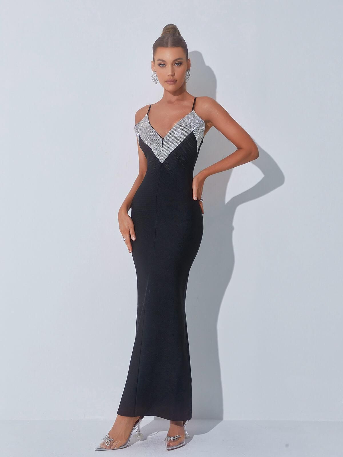 Rosemarie V Neck Rhinestone Bandage Dress sold by Mew Mews
