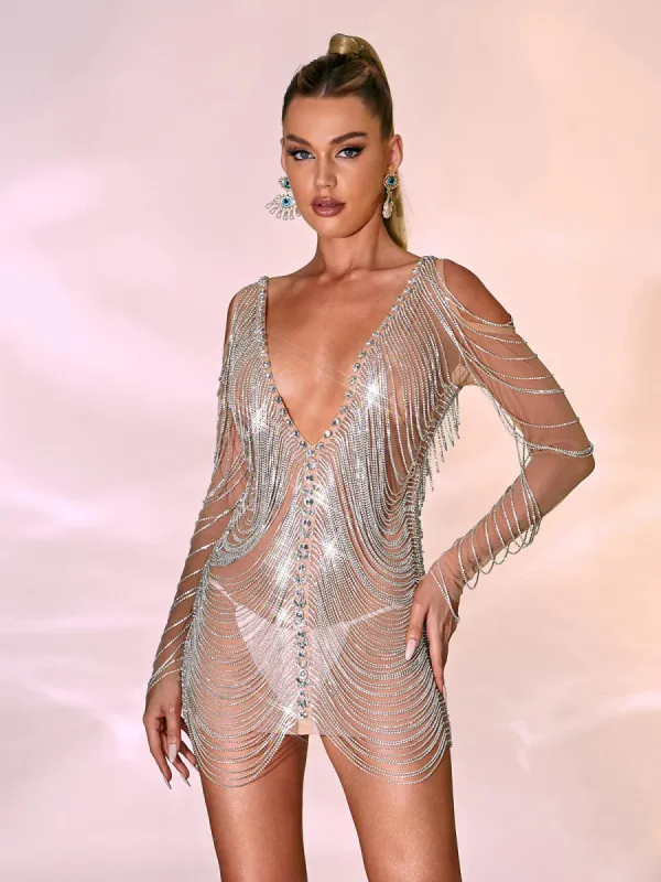 Dalary Plunge Mesh Tassel Mini Dress sold by Mew Mews