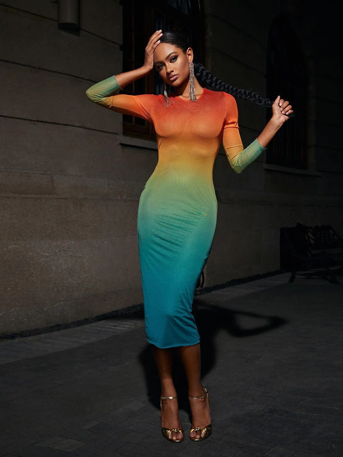 Celestial Ombre Long Sleeve Mesh Midi Dress sold by Mew Mews product image thumbnail 5